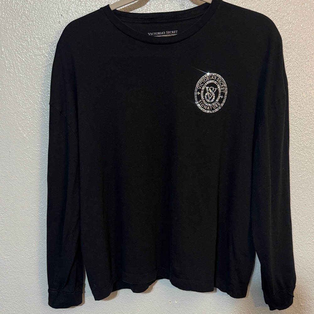 Victoria's Secret Black Bling Long Sleeve Lounge Shirt Rhinestone Logo Signature
